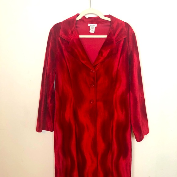 VINTAGE Red Y2K Faux Velvet Wavy Pattern Long Coat M - Picture 3 of 11